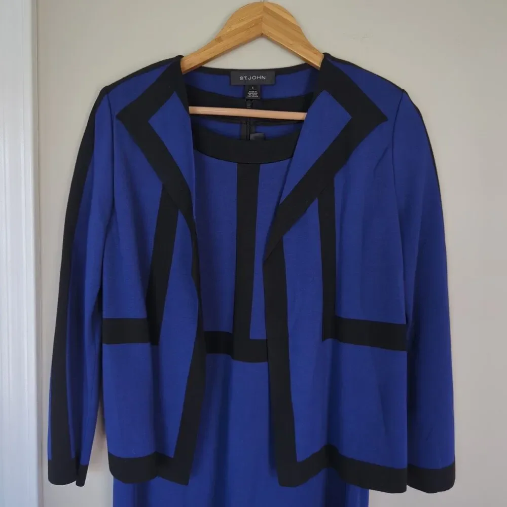 St. John Blue Black Colorblock Jacket Milano Knit Dress Set Size 6/12 Career